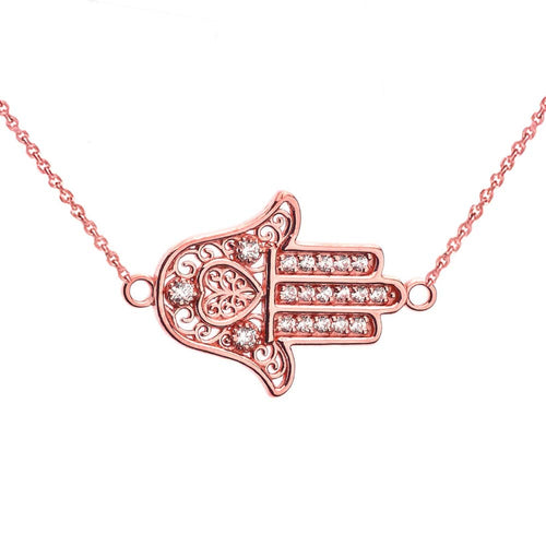 CaliRoseJewelry 14k Gold Sideways Hamsa Hand Heart Diamond Pendant Necklace