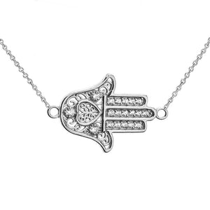 CaliRoseJewelry Sterling Silver Sideways Hamsa Hand Heart Cubic Zirconia Pendant Necklace