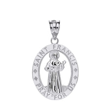 Load image into Gallery viewer, CaliRoseJewelry Sterling Silver Saint Francis of Assisi Pray for Us Oval Charm Pendant