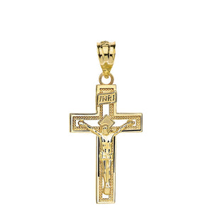 14k Gold INRI Crucifix Cross Catholic Jesus Pendant 1.12"