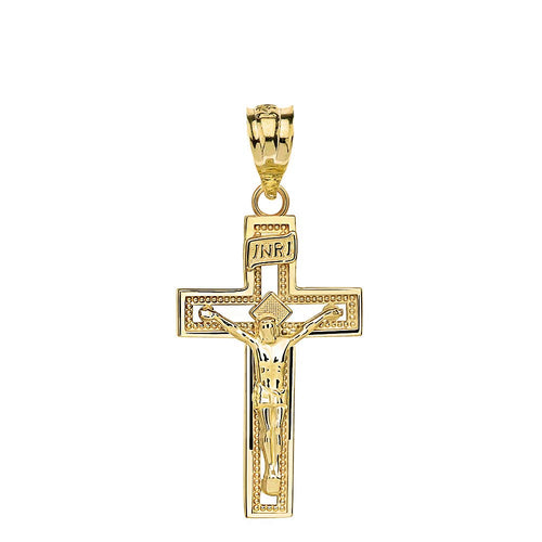 14k Yellow Gold INRI Crucifix Cross Catholic Jesus Pendant