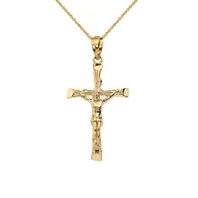 Load image into Gallery viewer, CaliRoseJewelry 10k Yellow Gold Jesus on The Cross Crucifix Textured Pendant Necklace