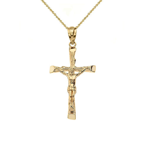 CaliRoseJewelry 10k Yellow Gold Jesus on The Cross Crucifix Textured Pendant Necklace