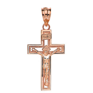 10k Rose Gold INRI Crucifix Cross Catholic Jesus Pendant