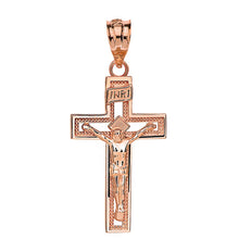 Load image into Gallery viewer, 14K Rose Gold INRI Crucifix Cross Catholic Jesus Pendant