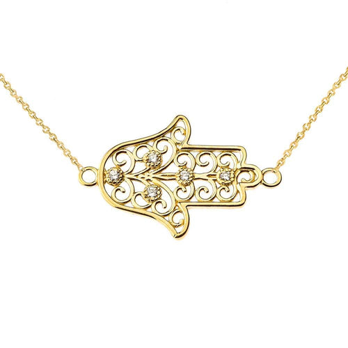 CaliRoseJewelry 14k Gold Sideways Hamsa Hand Heart Cubic Zirconia Pendant Necklace