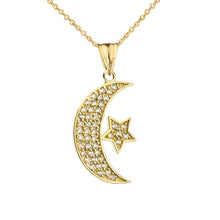 Load image into Gallery viewer, CaliRoseJewelry 14k Gold Crescent Moon and Star Symbol Cubic Zirconia Pendant Necklace