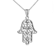 Load image into Gallery viewer, CaliRoseJewelry Sterling Silver Hamsa Hand Heart Cubic Zirconia Charm Pendant Necklace