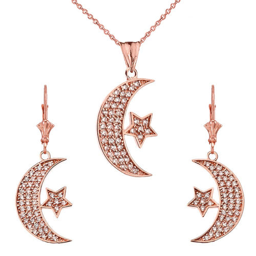 CaliRoseJewelry 14k Gold Crescent Moon and Star Diamond Pendant Necklace and Earrings Set