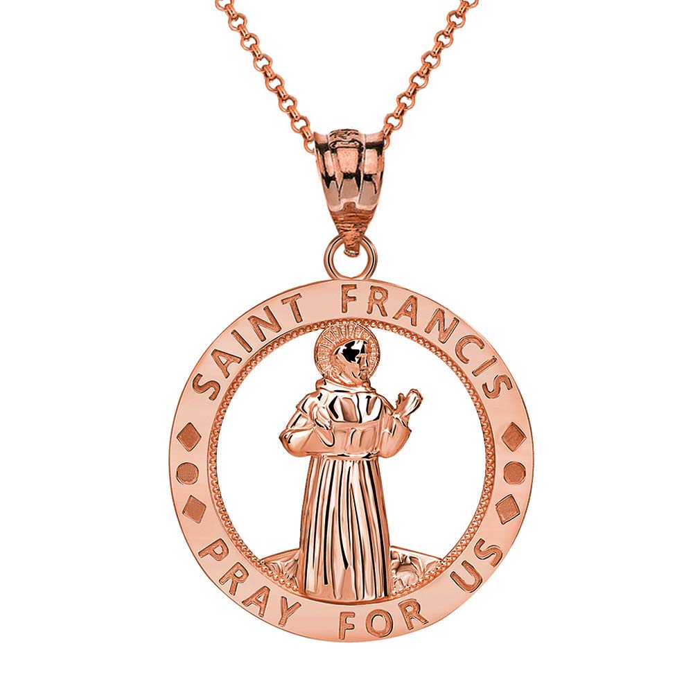 CaliRoseJewelry 10k Gold Saint Francis of Assisi Pray for Us Round Charm Pendant Necklace