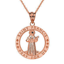 Load image into Gallery viewer, CaliRoseJewelry 14k Gold Saint Francis of Assisi Pray for Us Round Charm Pendant Necklace