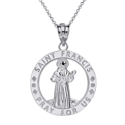CaliRoseJewelry Sterling Silver Saint Francis of Assisi Pray for Us Round Charm Pendant Necklace