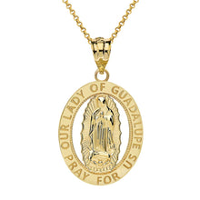 Load image into Gallery viewer, CaliRoseJewelry 14k Gold Our Lady of Guadalupe Pray for Us Oval Charm Pendant Necklace