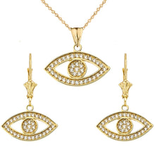 Load image into Gallery viewer, CaliRoseJewelry 10k Yellow Gold Evil Eye Cubic Zirconia Pendant Necklace and Earrings Set