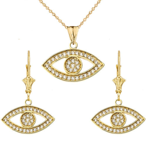 CaliRoseJewelry 10k Yellow Gold Evil Eye Cubic Zirconia Pendant Necklace and Earrings Set