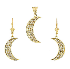 CaliRoseJewelry 14k Yellow Gold Crescent Moon Cubic Zirconia Pendant and Earrings Set