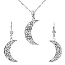 Load image into Gallery viewer, CaliRoseJewelry Sterling Silver Crescent Moon Cubic Zirconia Pendant Necklace and Earrings Set