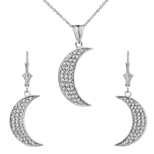 CaliRoseJewelry Sterling Silver Crescent Moon Cubic Zirconia Pendant Necklace and Earrings Set