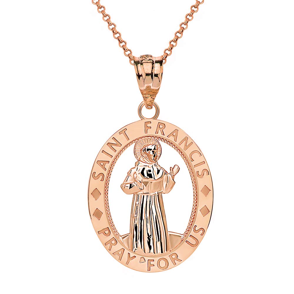 CaliRoseJewelry 10k Gold Saint Francis of Assisi Pray for Us Oval Charm Pendant Necklace