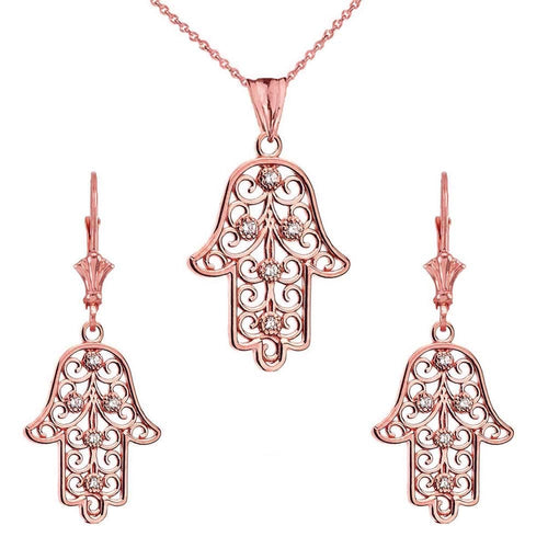 CaliRoseJewelry 14k Yellow Gold Hamsa Hand Cubic Zirconia Pendant Necklace and Earrings Set