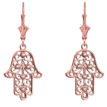 Load image into Gallery viewer, CaliRoseJewelry 14k Gold Hamsa Hand Cubic Zirconia Pendant and Earrings Set