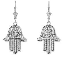Load image into Gallery viewer, 14k Gold Hamsa Hand of Protection Heart Cubic Zirconia Earrings