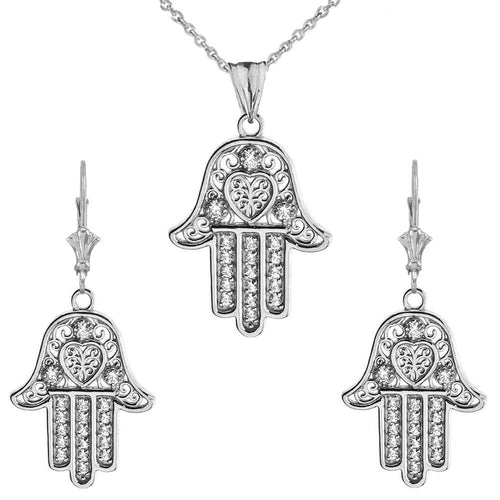 CaliRoseJewelry Sterling Silver Hamsa Hand Heart Cubic Zirconia Pendant Necklace and Earrings Set