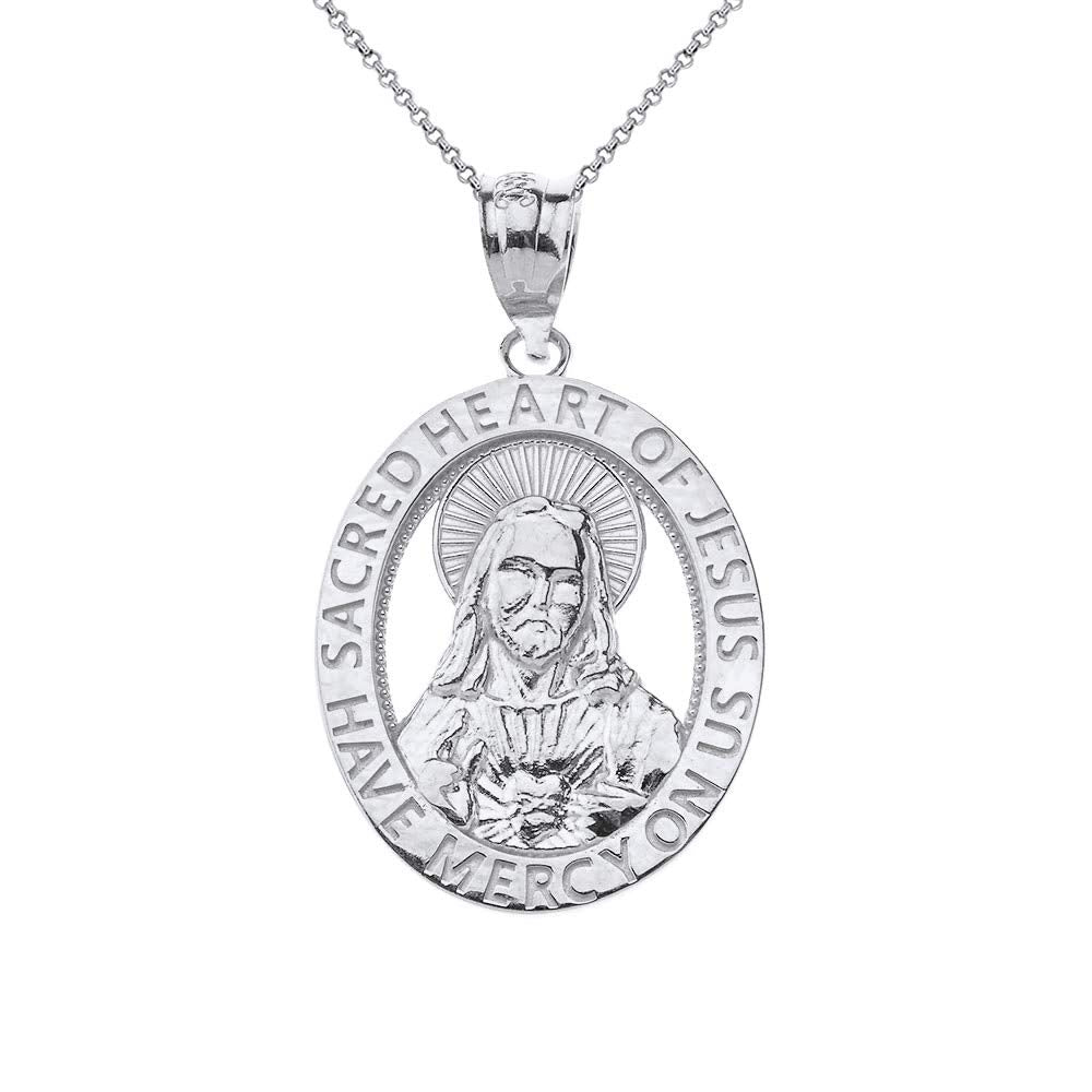 CaliRoseJewelry Sterling Silver Sacred Heart Jesus Have Mercy on Us Oval Pendant Necklace