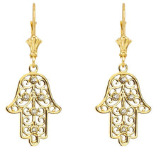 Load image into Gallery viewer, CaliRoseJewelry 14k Gold Hamsa Hand Cubic Zirconia Pendant and Earrings Set