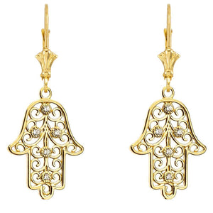 CaliRoseJewelry 10k Yellow Gold Hamsa Hand Cubic Zirconia Pendant Necklace and Earrings Set