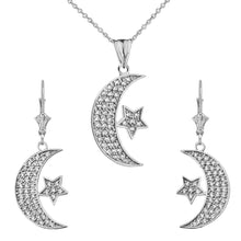 Load image into Gallery viewer, CaliRoseJewelry Sterling Silver Crescent Moon and Star Cubic Zirconia Pendant Necklace and Earrings Set