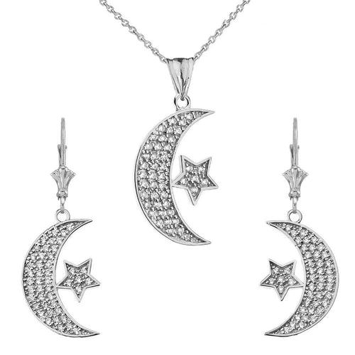 CaliRoseJewelry Sterling Silver Crescent Moon and Star Cubic Zirconia Pendant Necklace and Earrings Set