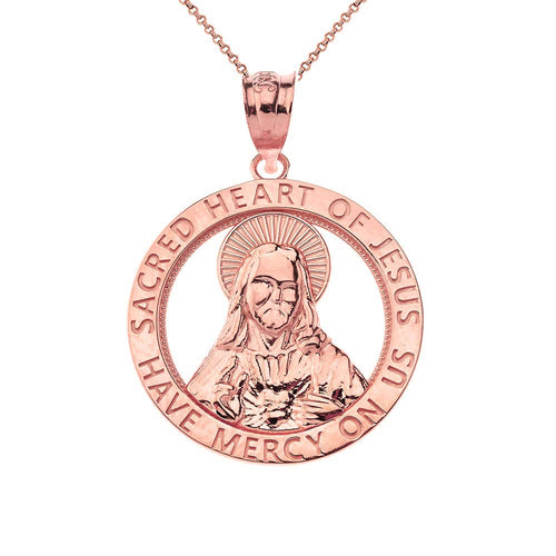 CaliRoseJewelry 10k Sacred Heart Jesus Have Mercy on Us Round Pendant Necklace