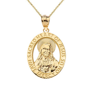 CaliRoseJewelry 10k Sacred Heart Jesus Have Mercy on Us Oval Pendant Necklace