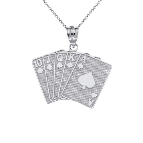CaliRoseJewelry Sterling Silver Lucky Royal Flush of Spades Poker Hand Pendant Necklace
