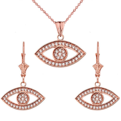 CaliRoseJewelry 14k Yellow Gold Evil Eye Cubic Zirconia Pendant Necklace and Earrings Set