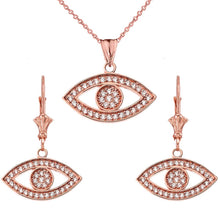 Load image into Gallery viewer, CaliRoseJewelry 14k Gold Evil Eye Diamond Pendant Necklace and Earrings Set
