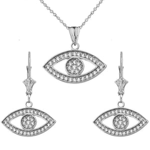 CaliRoseJewelry Sterling Silver Evil Eye Cubic Zirconia Pendant Necklace and Earrings Set