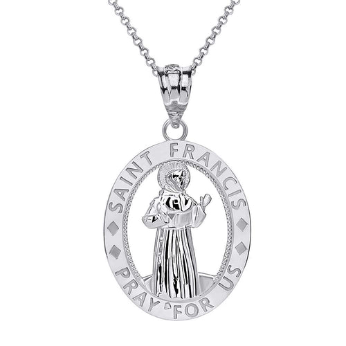 CaliRoseJewelry Sterling Silver Saint Francis of Assisi Pray for Us Oval Charm Pendant Necklace
