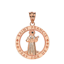 Load image into Gallery viewer, CaliRoseJewelry 14k Gold Saint Francis of Assisi Pray for Us Round Charm Pendant