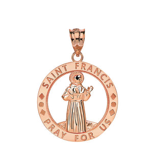CaliRoseJewelry 14k Gold Saint Francis of Assisi Pray for Us Round Charm Pendant