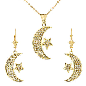 CaliRoseJewelry 10k Yellow Gold Crescent Moon and Star Cubic Zirconia Pendant Necklace and Earrings Set