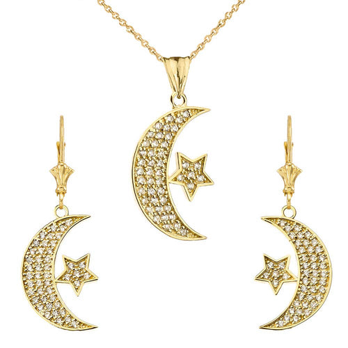 CaliRoseJewelry 10k Yellow Gold Crescent Moon and Star Diamond Pendant Necklace and Earrings Set