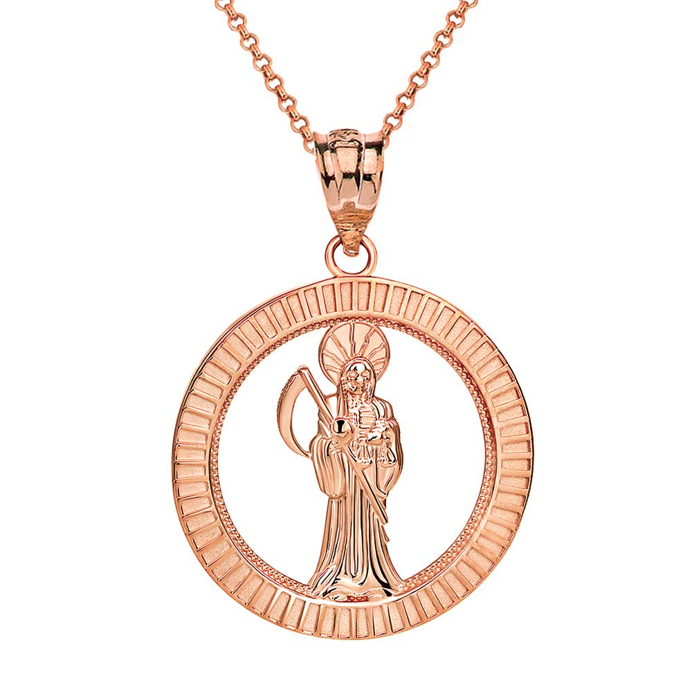 CaliRoseJewelry 10K Gold Santa Muerte Round Charm Pendant Necklace 22.0 Inches rose gold