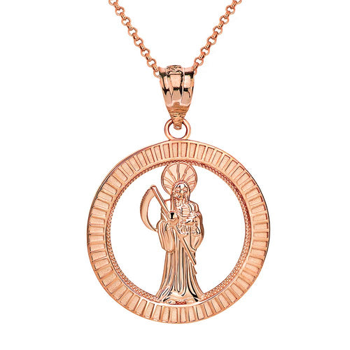CaliRoseJewelry 10k Gold Santa Muerte Round Charm Pendant Necklace