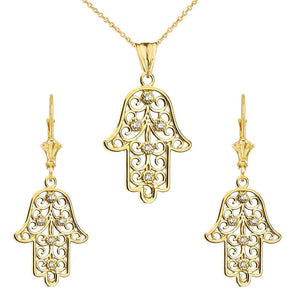 CaliRoseJewelry 14k Yellow Gold Hamsa Hand Cubic Zirconia Pendant Necklace and Earrings Set