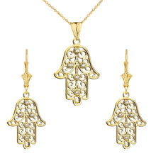 Load image into Gallery viewer, CaliRoseJewelry 10k Yellow Gold Hamsa Hand Cubic Zirconia Pendant Necklace and Earrings Set