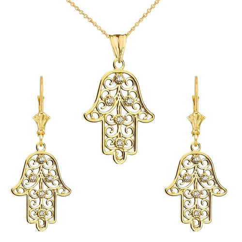 CaliRoseJewelry 10k Yellow Gold Hamsa Hand Cubic Zirconia Pendant Necklace and Earrings Set