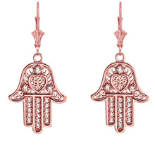 Load image into Gallery viewer, 14k Gold Hamsa Hand of Protection Heart Diamond Earrings