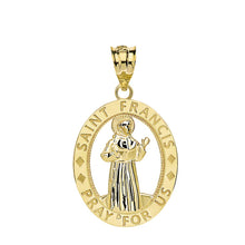 Load image into Gallery viewer, CaliRoseJewelry 10k Gold Saint Francis of Assisi Pray for Us Oval Charm Pendant